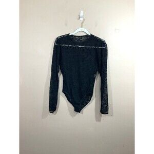 VTG Womens Sheer Lace Long Sleeve Bodysuit L Black 90s Grunge Goth Whimsigoth